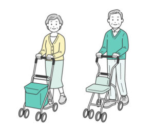 Illustration of an elderly man and woman walking while pushing a senior car