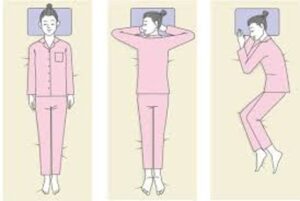 寝る姿勢３パターンのイラスト（仰向け、うつぶせ寝、横向き寝）